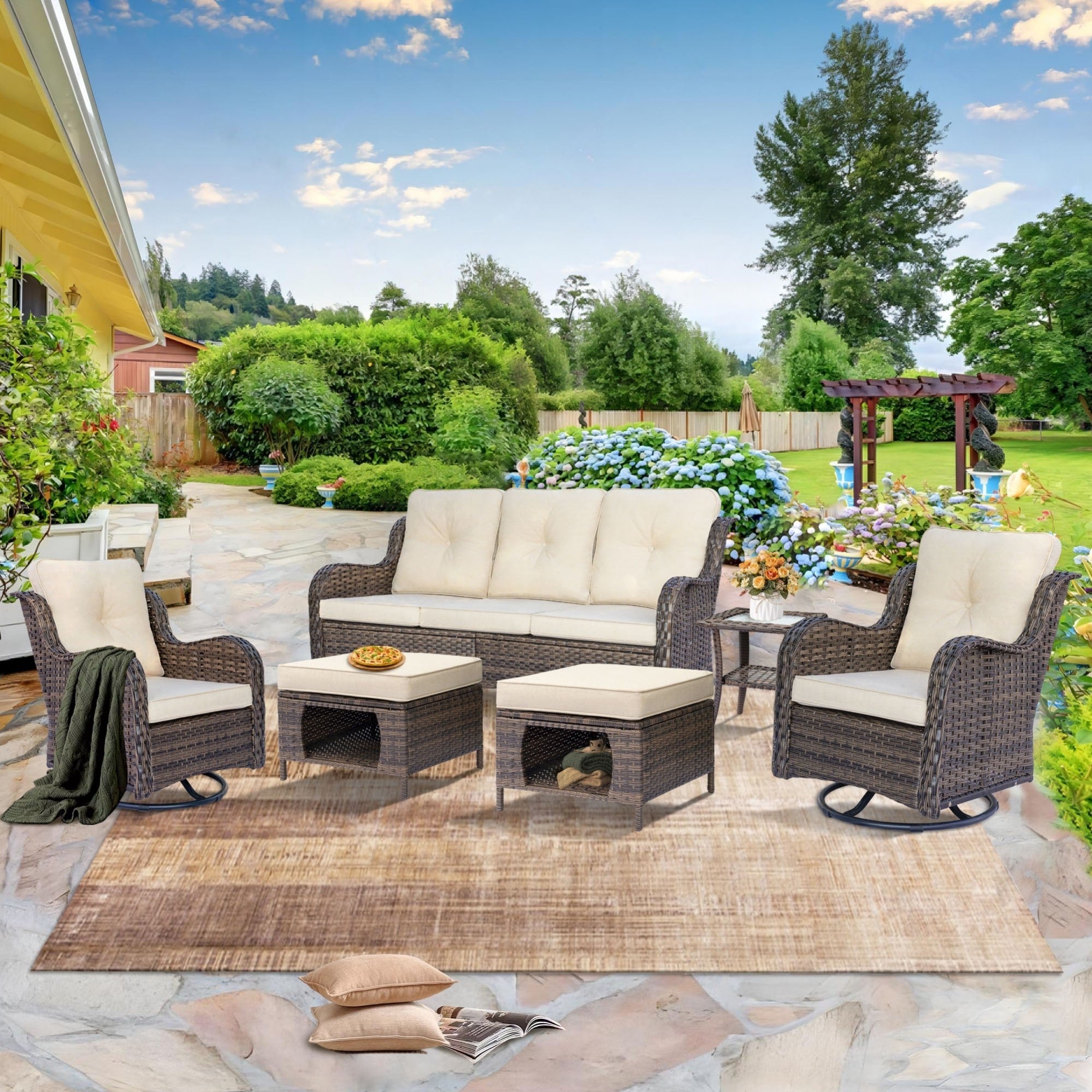Outdoor Patio Furniture Set-Wicker Patio Conversation Swivel Chair Set