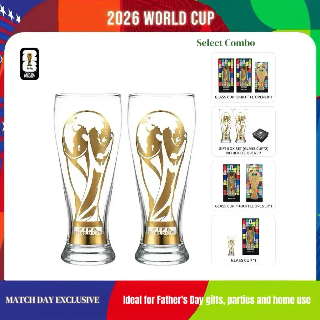 Father's Day Gift Trophy Shape Gold Rim Glass Cup Set, Premium Reusable Glasses for Party & Daily Home Use, Multiple Matching Sets Available