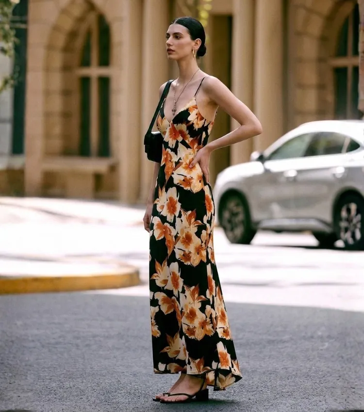 Orange Floral Print V-Neck Spaghetti Strap Wrap Maxi Dress