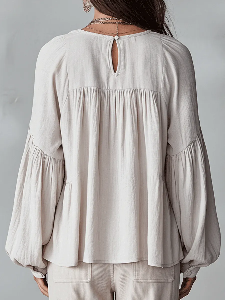 Ruffle Trim V-Neck Peasant Blouse