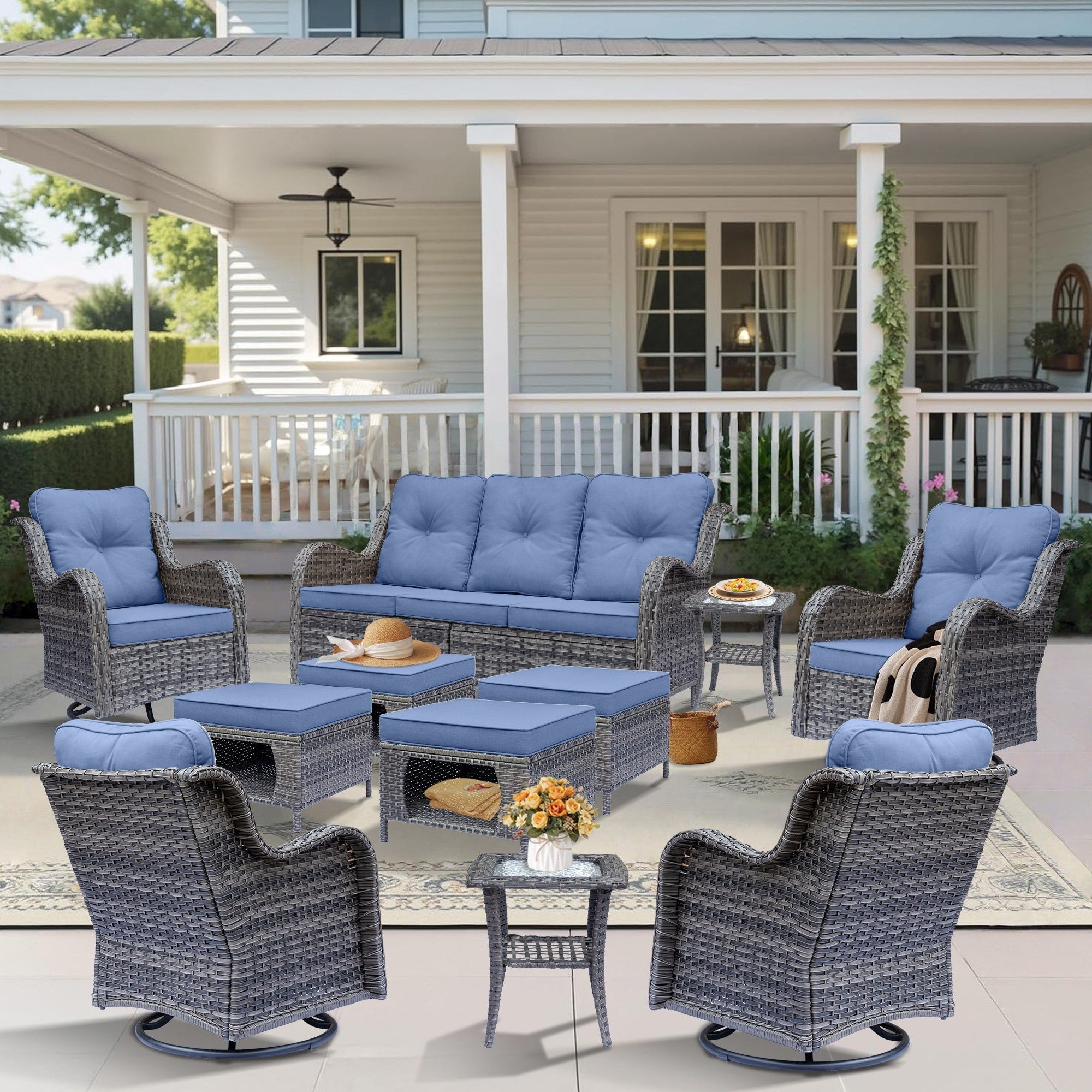 Outdoor Patio Furniture Set-Wicker Patio Conversation Swivel Chair Set