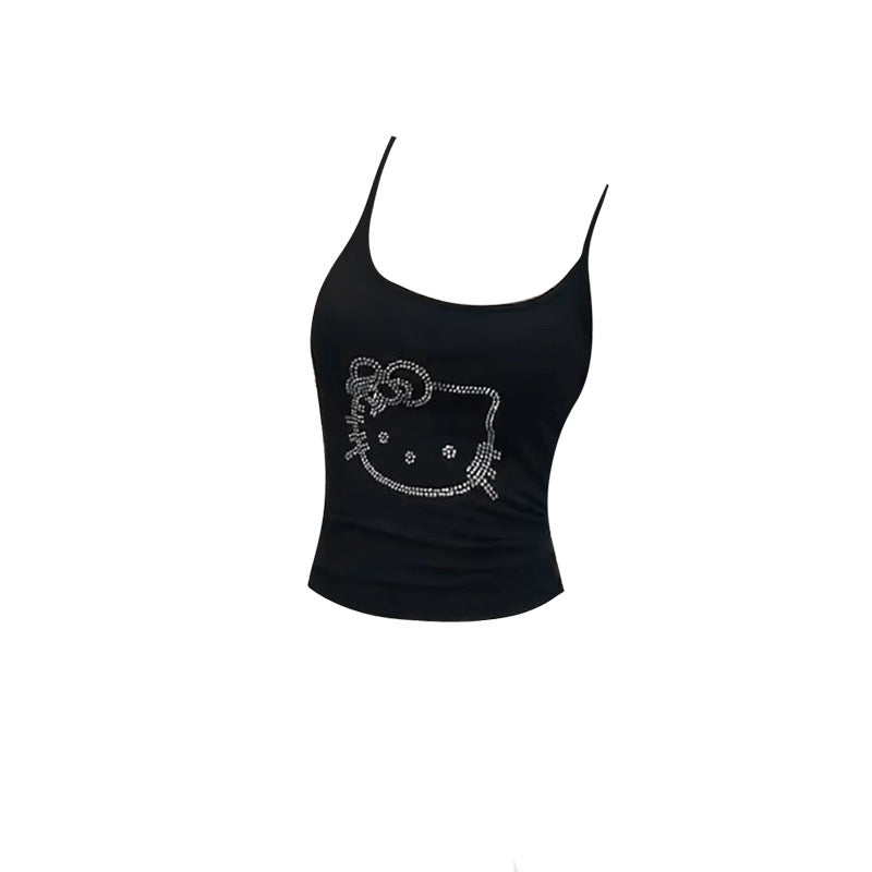 Hellokitty Rhinestone Camisoles Tops with Built in Padded Bra Tank Top
