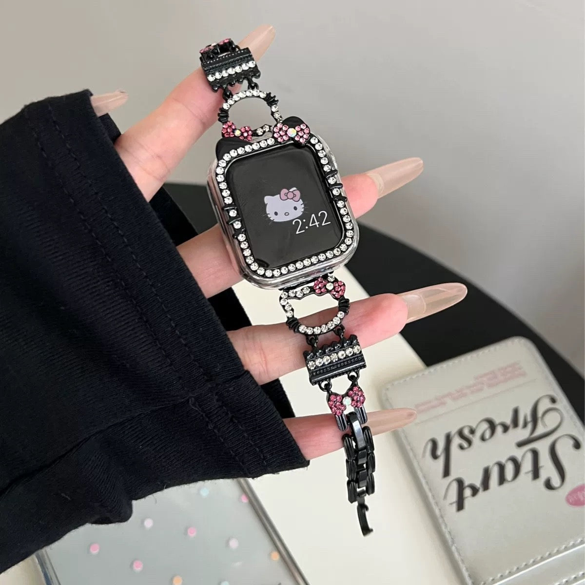 Hellokitty Apple Watch Band Bling Diamond Strap Bands with Screen Protector Case