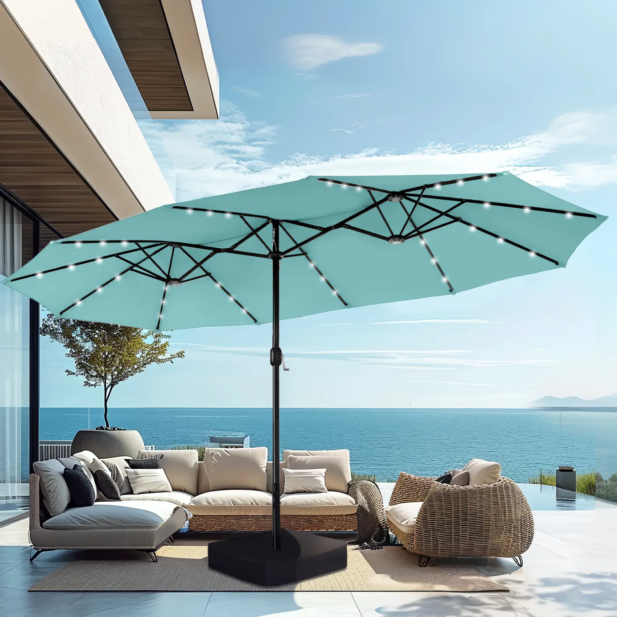 15ft Large Outdoor Patio Umbrella with Base – LED Light Option, Double-Sided, Crank Handle, Waterproof，Comes with Weighted Base and Sandbag, Accommodates 10 People, Great for Poolside, Garden, Lawn, Backyard, Deck and Beach