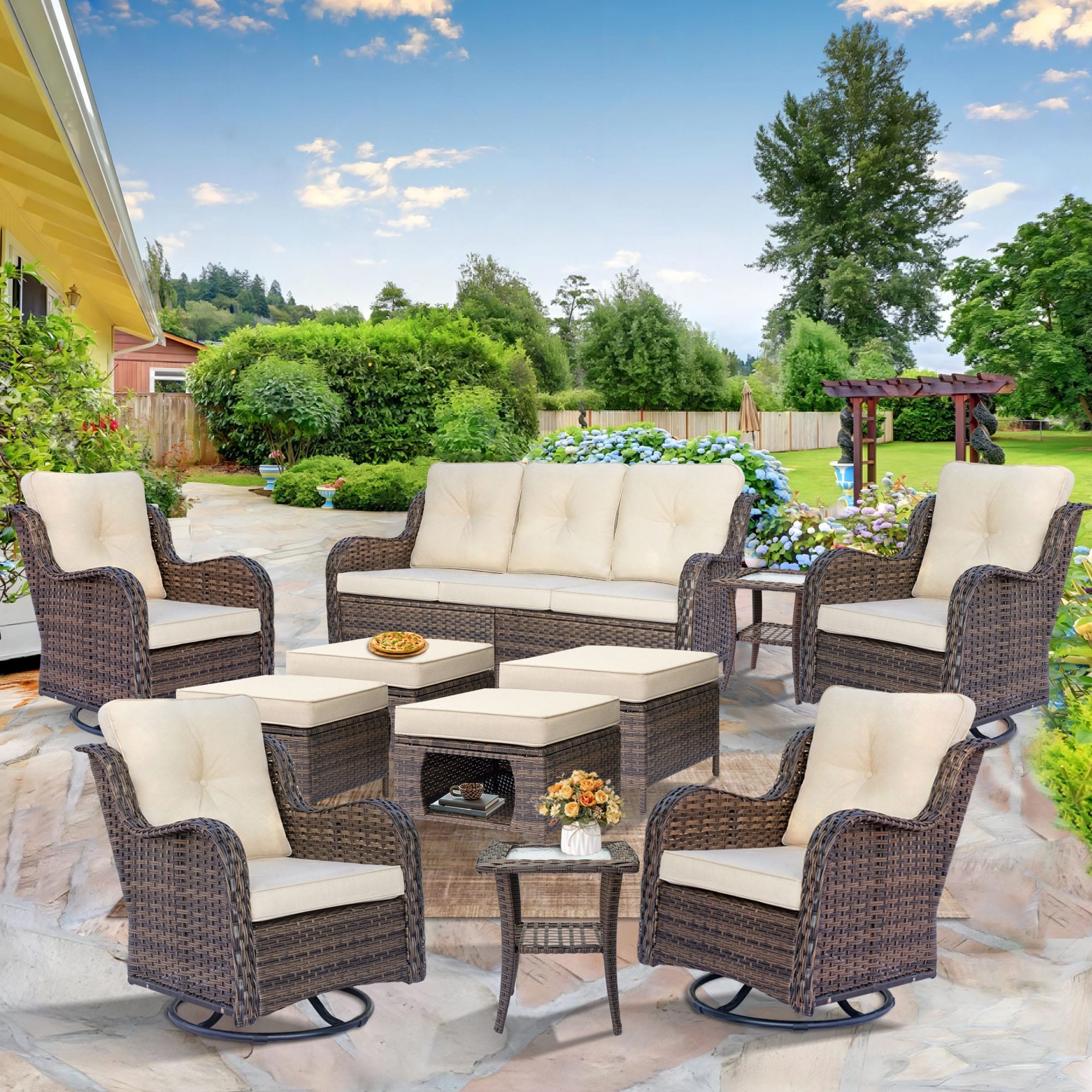 Outdoor Patio Furniture Set-Wicker Patio Conversation Swivel Chair Set