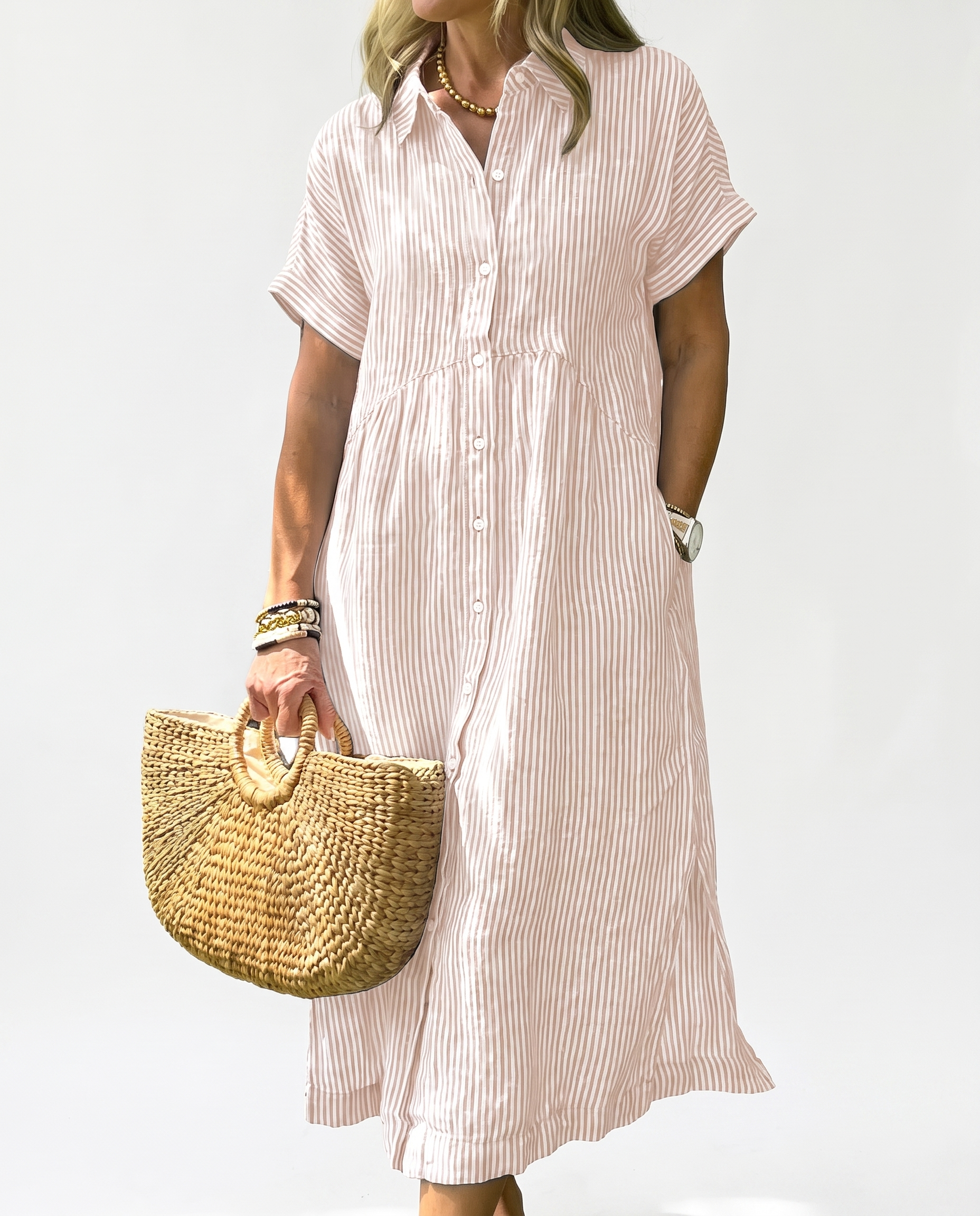 👗 Women's Summer Striped Midi Shirt Dress