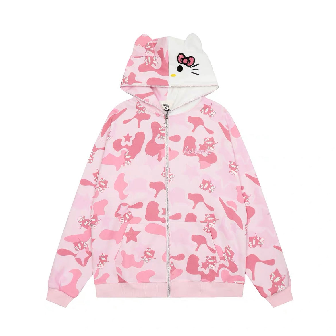 Hellokitty Camouflage Drawstring Zip Up Oversized Hoodies Jacket