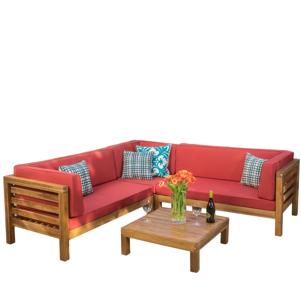 Oana Outdoor 5 Seater V Shaped Mid-Century Modern Acacia Wood Sectional Sofa Set with Coffee Table by Christopher Knight Home