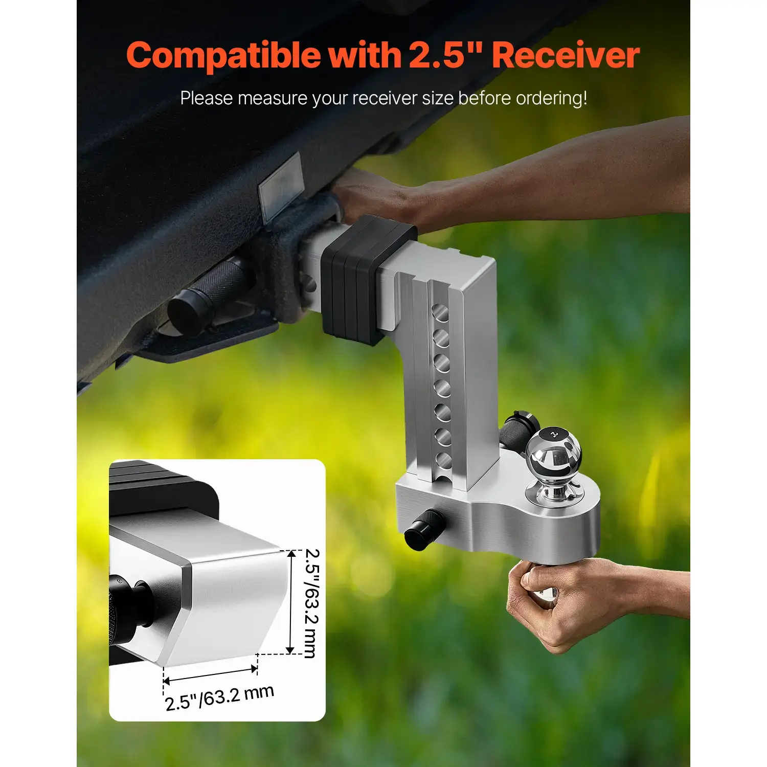 Adjustable Trailer Hitch—8-inch drop, triple-ball mount compatible with 2.5-inch receivers