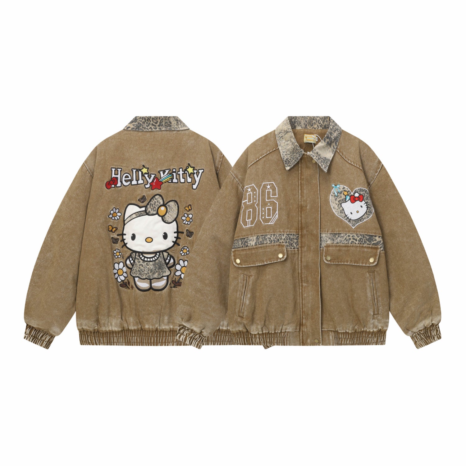 Hellokitty Brown Leopard Print Varsity Jacket Baseball Bomber Jacket Vintage Unisex Streetwear Coats