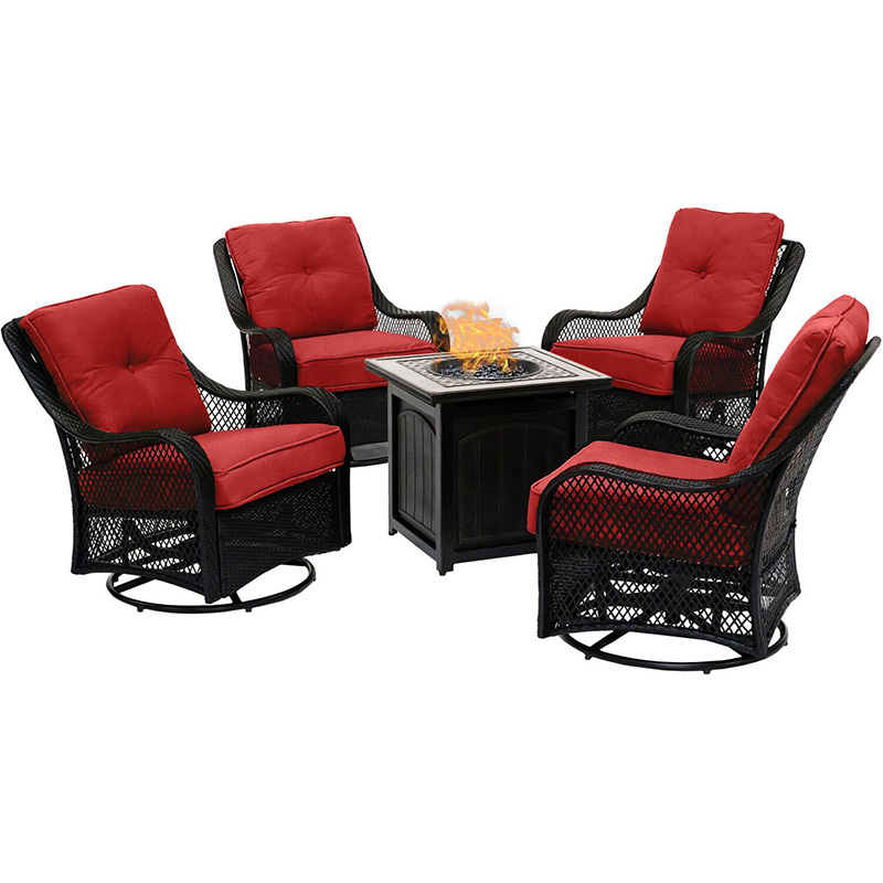 Orleans 5-Piece Fire Pit Chat Set with 4 Woven Swivel Gliders and 26 Inch Square Fire Pit Table, Autumn Berry