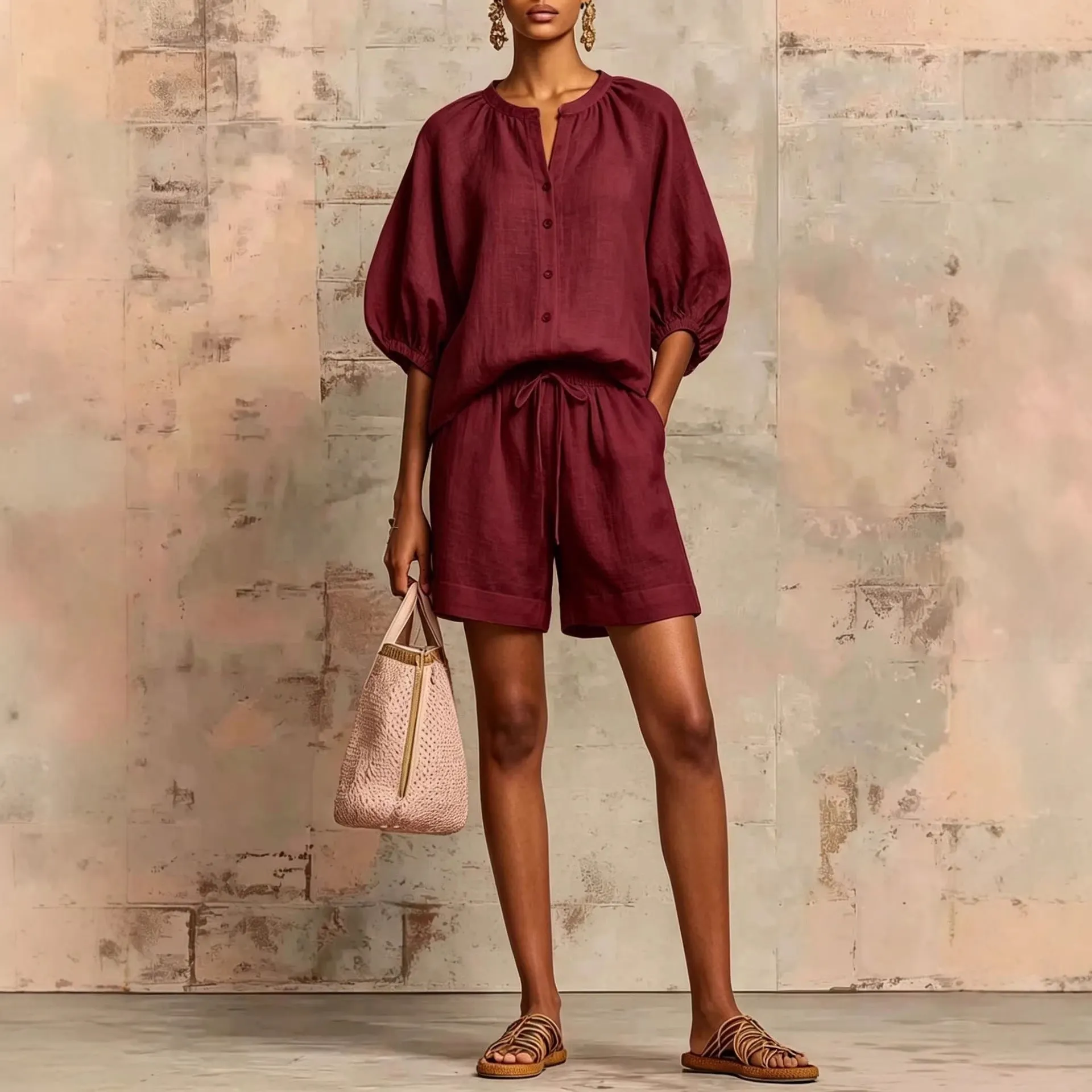 Cotton And Linen Lantern Sleeve Shirt Mid-Waist Drawstring Shorts Suit
