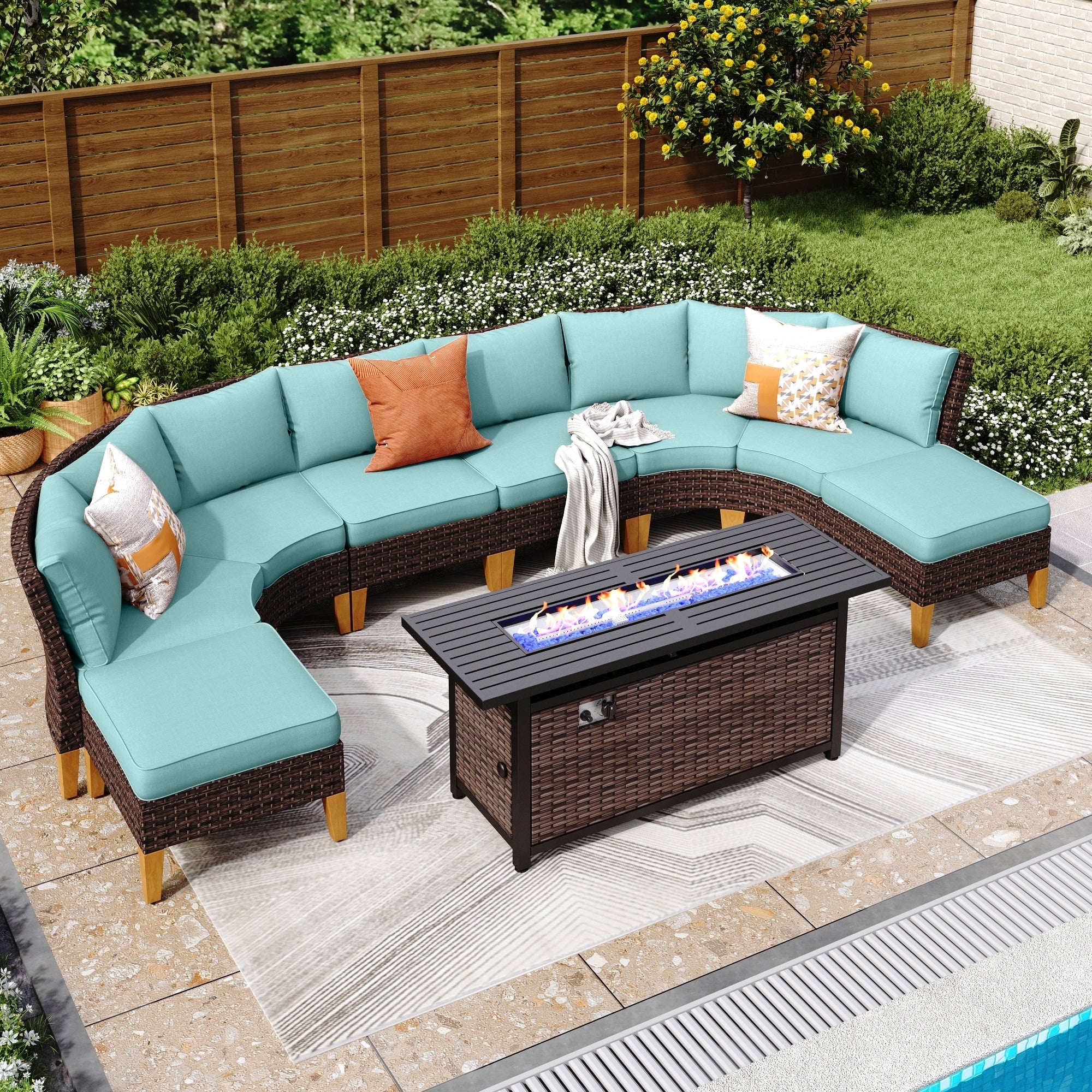 6-11 Piece Patio Outdoor Wicker Sectional Sofa Half-Moon Furniture Set Large Seating Conversation Sets with Fire Pit Table