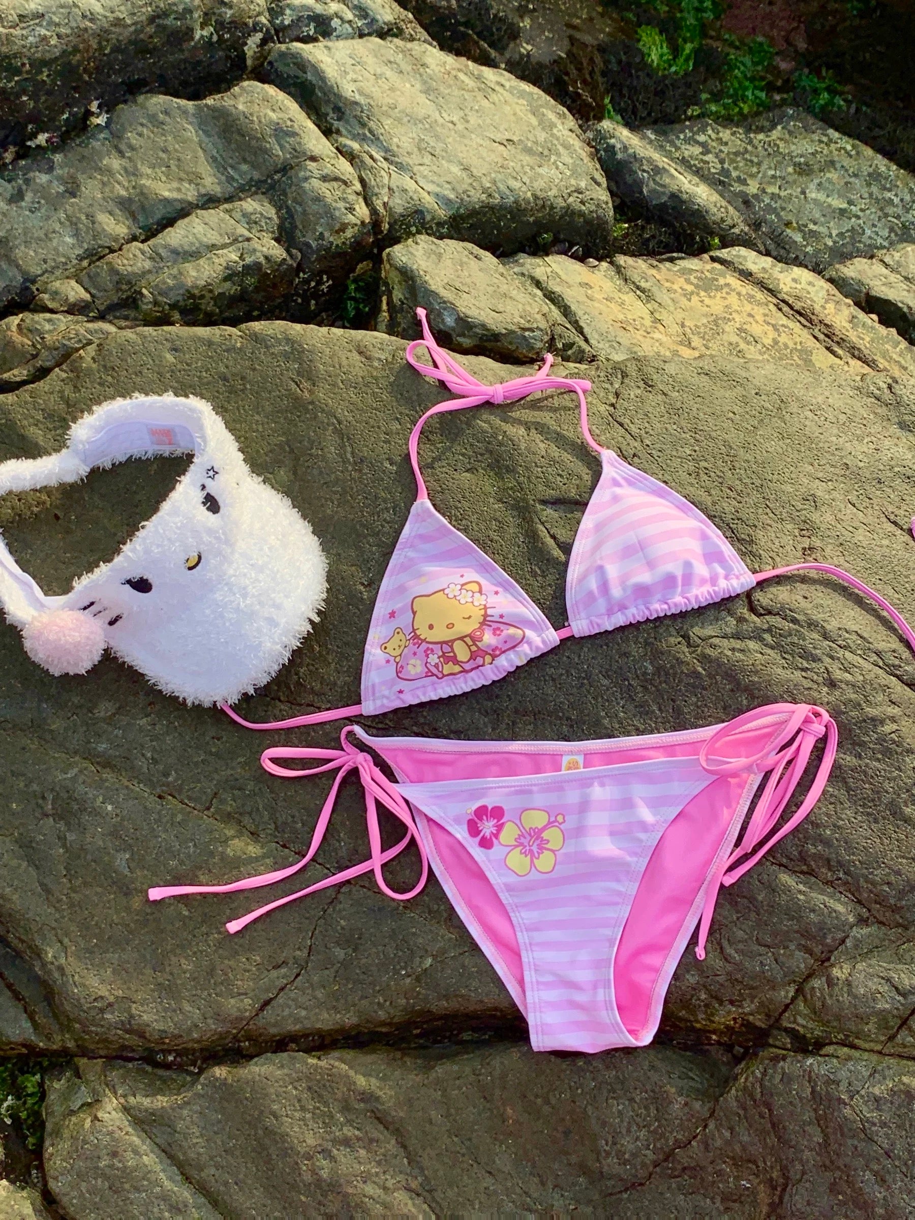 Hellokitty Pink Stripe Halter Tie Side Triangle Bikini Set high Cut 2 Piece Bikini Swimsuit Bathing Suit