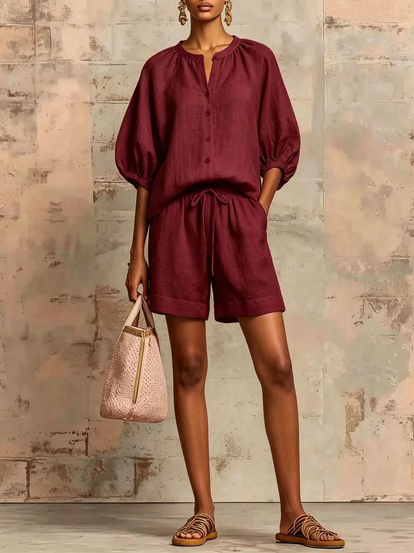 Cotton And Linen Lantern Sleeve Shirt Mid-Waist Drawstring Shorts Suit