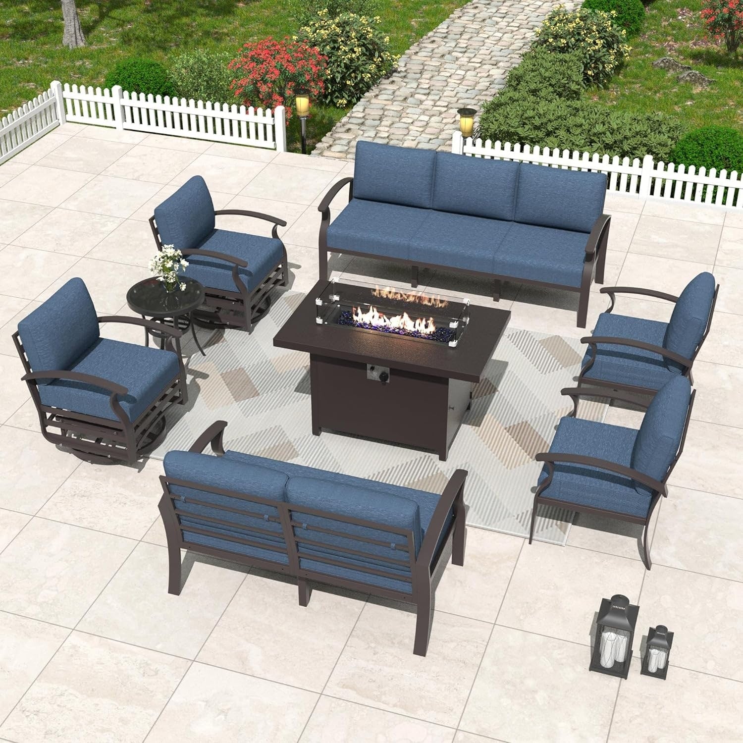 Kullavik Aluminum Outdoor Patio Furniture with Curved Armrests & Firepit Table