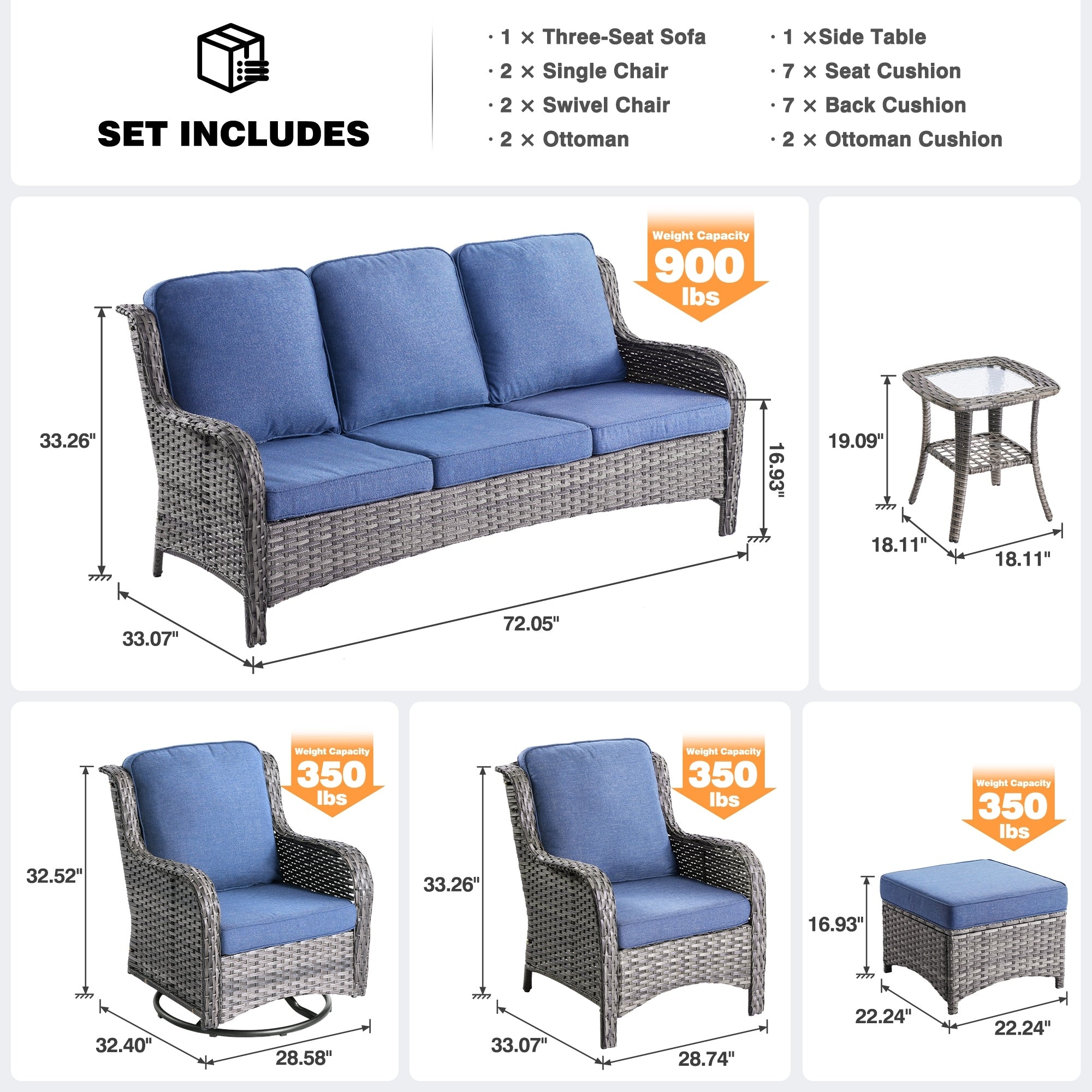 OVIOS 8-piece Patio Wicker Furniture Swivel Chair Set