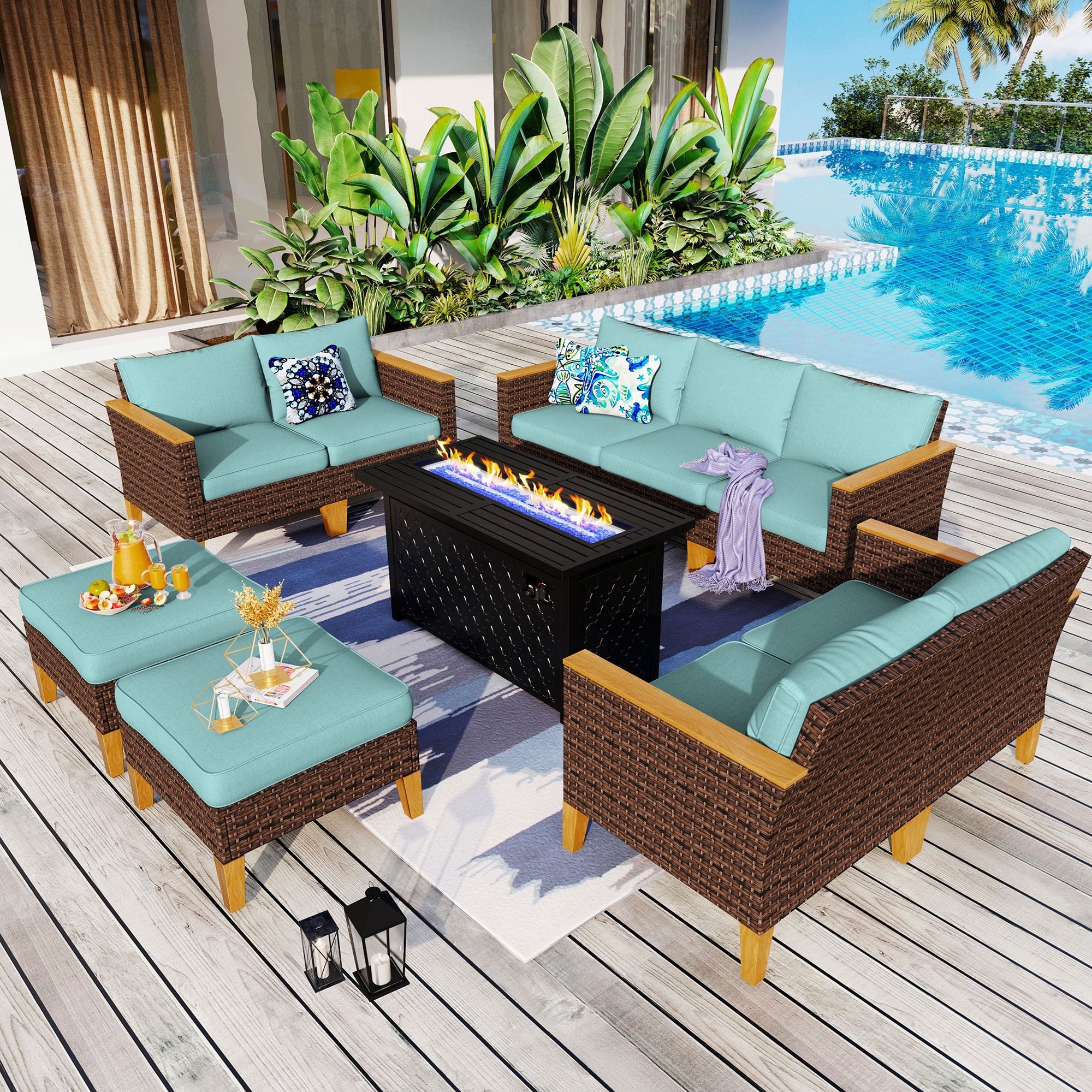 8-Piece Patio Outdoor Wicker Sectional Sofa Set, Large Seating Furniture Conversation Sets with Fire Pit Table