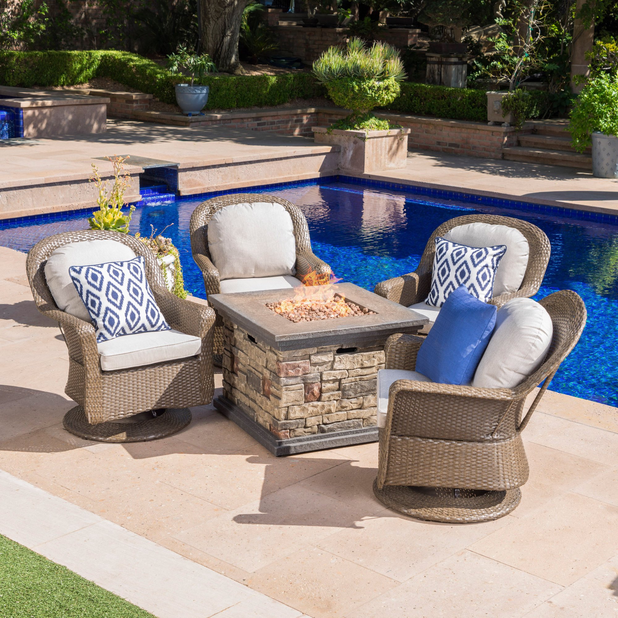 5pc Brown and Ceramic Gray Contemporary Outdoor 4 Seater Chat Set with Fire Pit