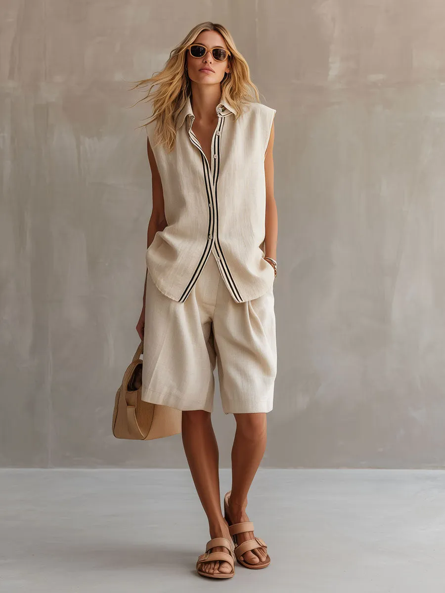 Casual Retro Apricot Cotton Linen Sleeveless Striped Shirt And Shorts Set
