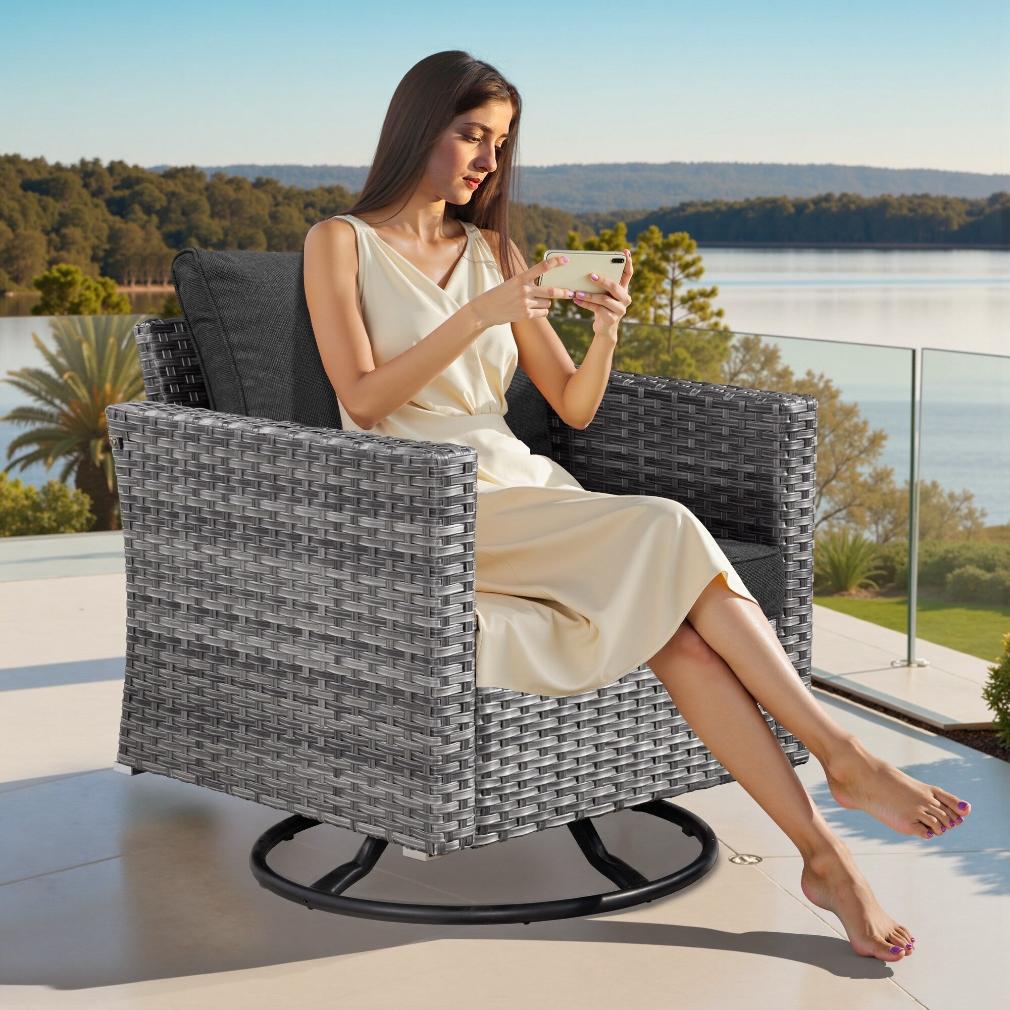 XIZZI 9 Pieces Patio Wicker Furniture Swivel Rocker with Firepit Table