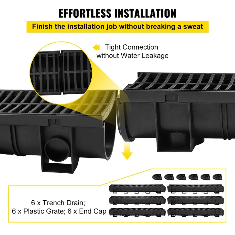 Trench Drain System 6-Pack with Plastic Grates and End Caps, HDPE 5.9x5.1 Inch Garage Floor Drain