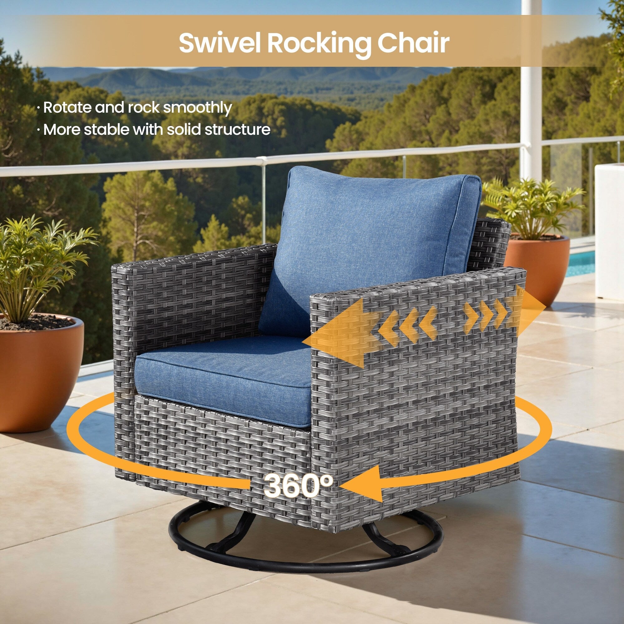 XIZZI 9 Pieces Patio Wicker Furniture Swivel Rocker with Firepit Table