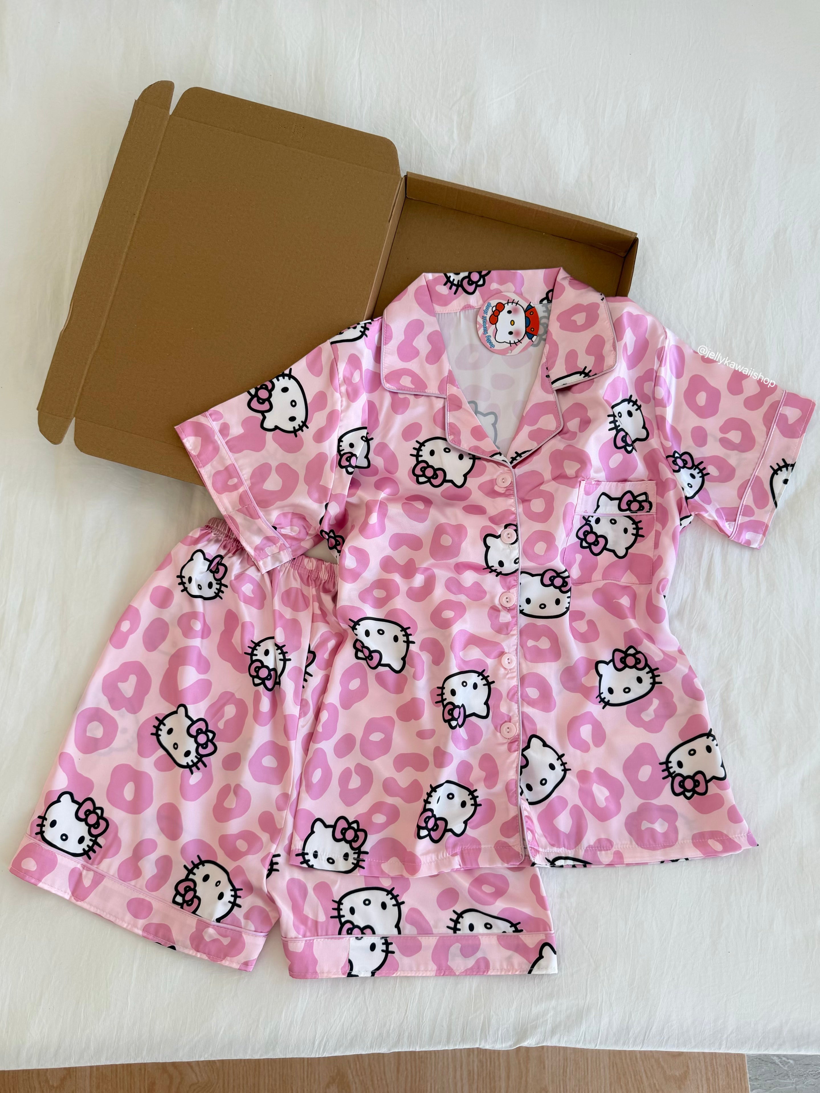 Hello Kitty Pink Leopard Print Satin Pajama Set
