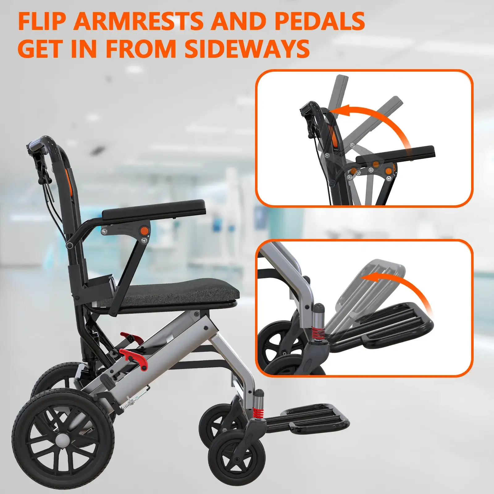 Ultra-Lightweight Folding Transport Wheelchair - Aviation Aluminum Frame - Dual Locking Hand Brakes - Removable Turn-Up Armrests - Swing-Away Footrests - Comfortable Large Seat - 16-Inch Wheels - Durable Portable Mobility Aid for Elderly and