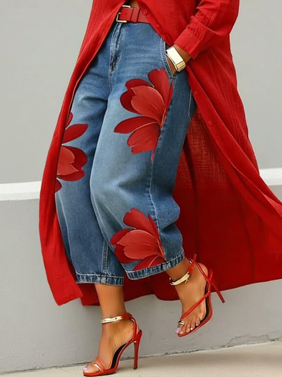 👖Women's Artistic Red Blossom Wide Leg Jeans
