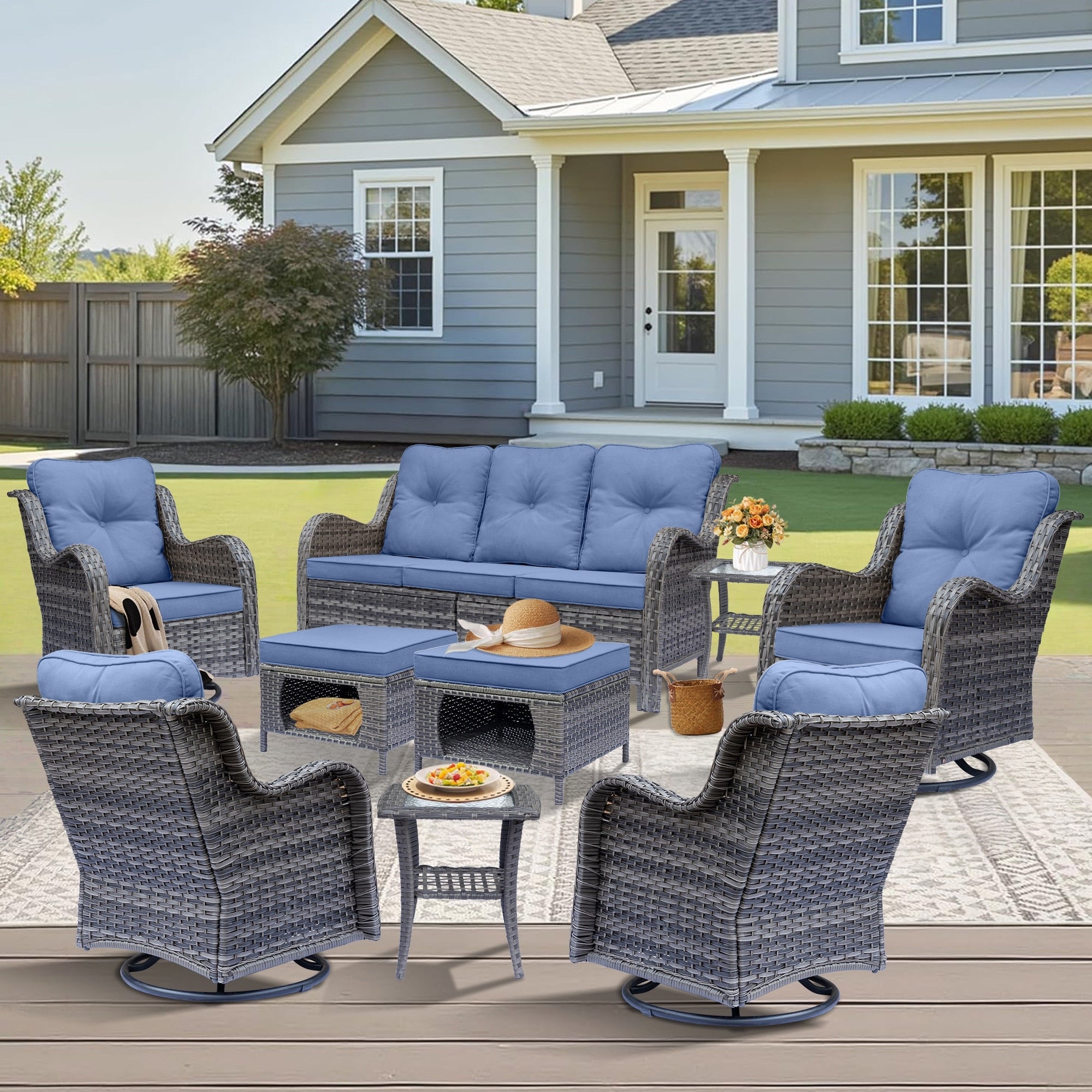 Outdoor Patio Furniture Set-Wicker Patio Conversation Swivel Chair Set