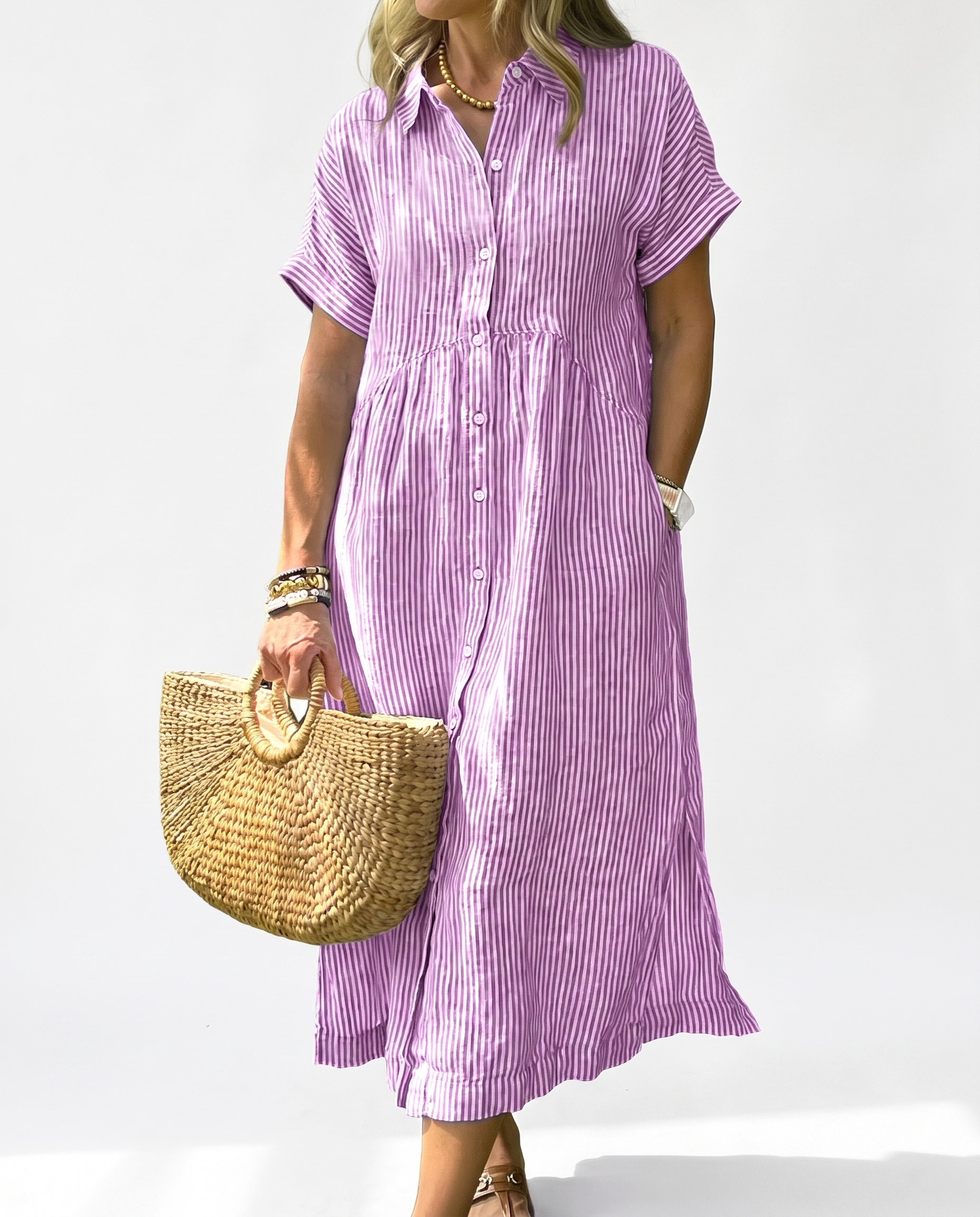 👗 Women's Summer Striped Midi Shirt Dress