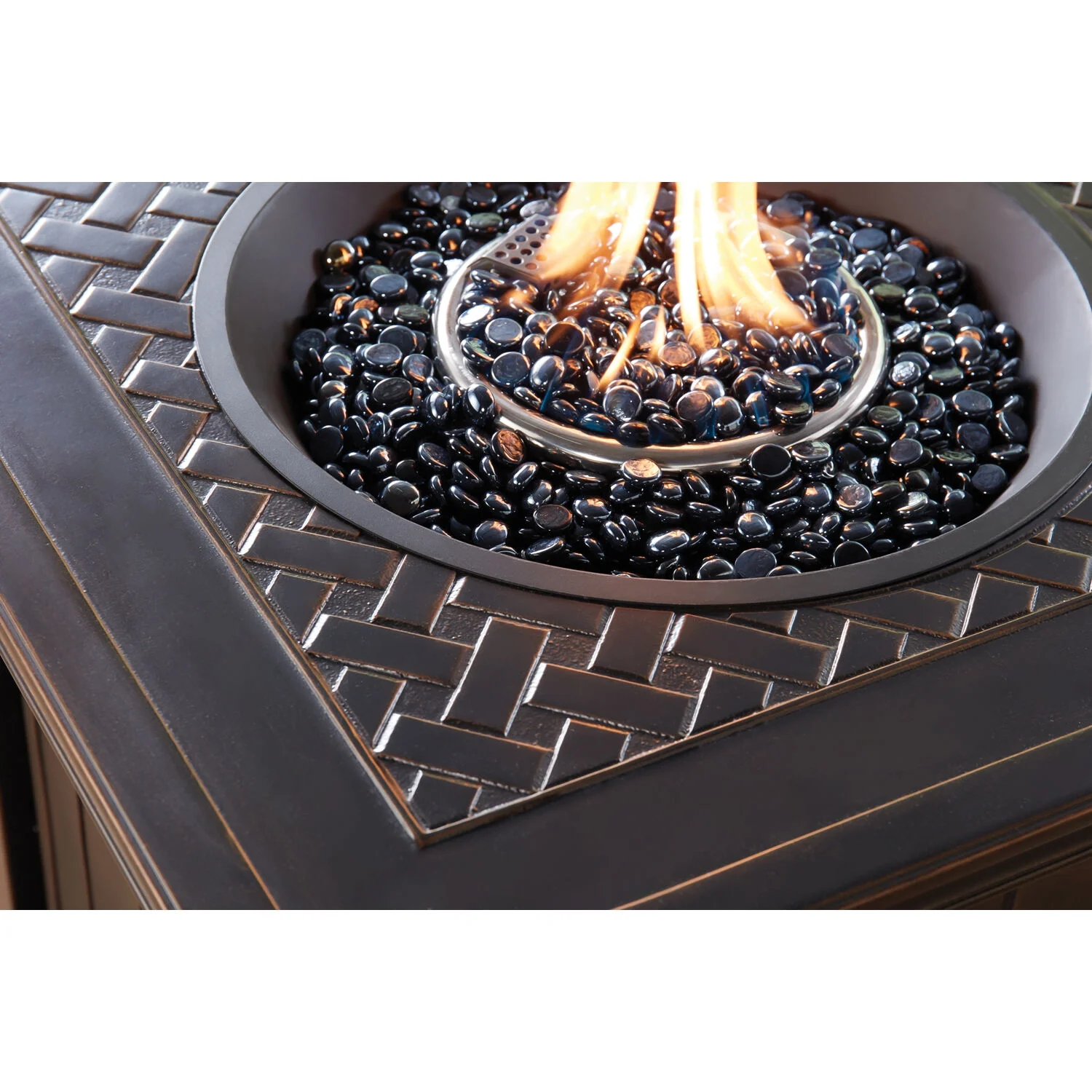 Orleans 5-Piece Fire Pit Chat Set with 4 Woven Swivel Gliders and 26 Inch Square Fire Pit Table, Autumn Berry