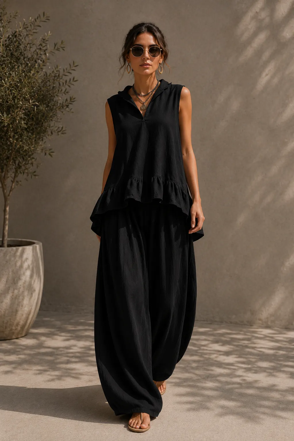 Sleeveless Ruffle Hem Top & Wide Leg Pants Set
