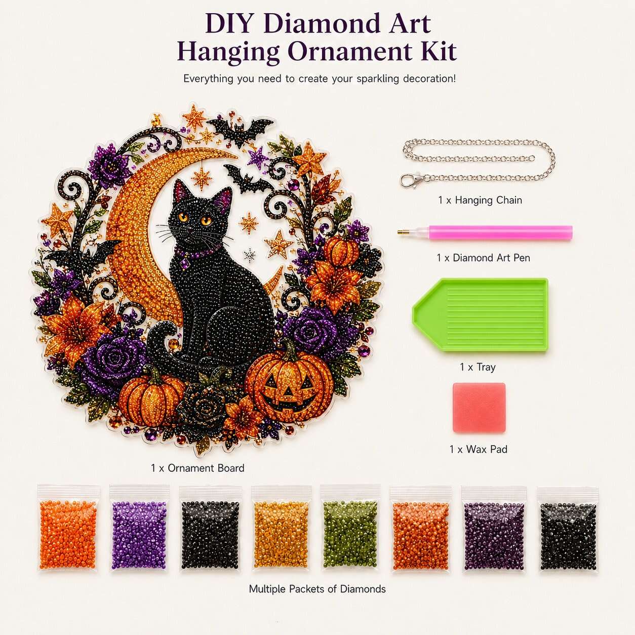 🎃Black Cat Moon Diamond Art Hanging Ornament Kit – Relaxing DIY Halloween Craft 🎃💎