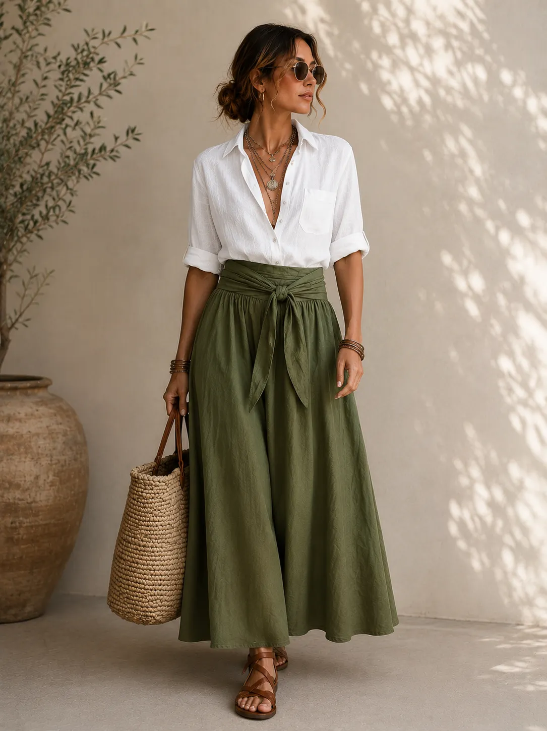 Casual Button-Up Shirt & Tie Waist Maxi Skirt Set