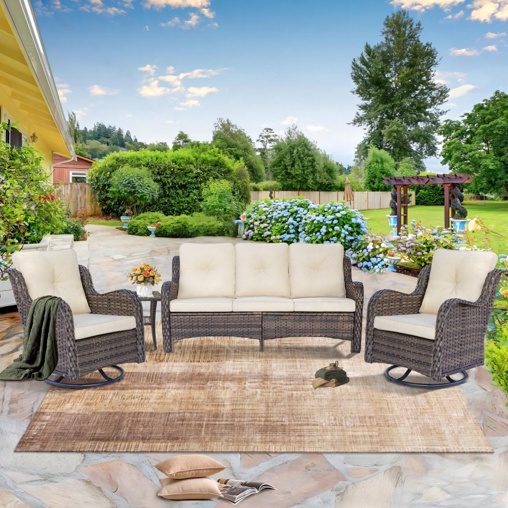 Outdoor Patio Furniture Set-Wicker Patio Conversation Swivel Chair Set