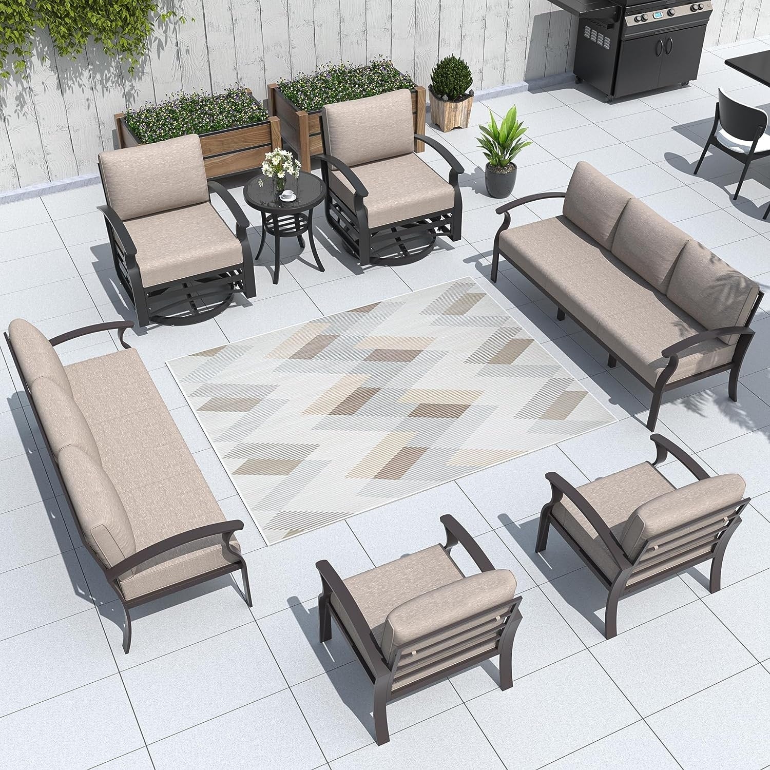 Kullavik Aluminum Outdoor Patio Furniture with Curved Armrests & Firepit Table