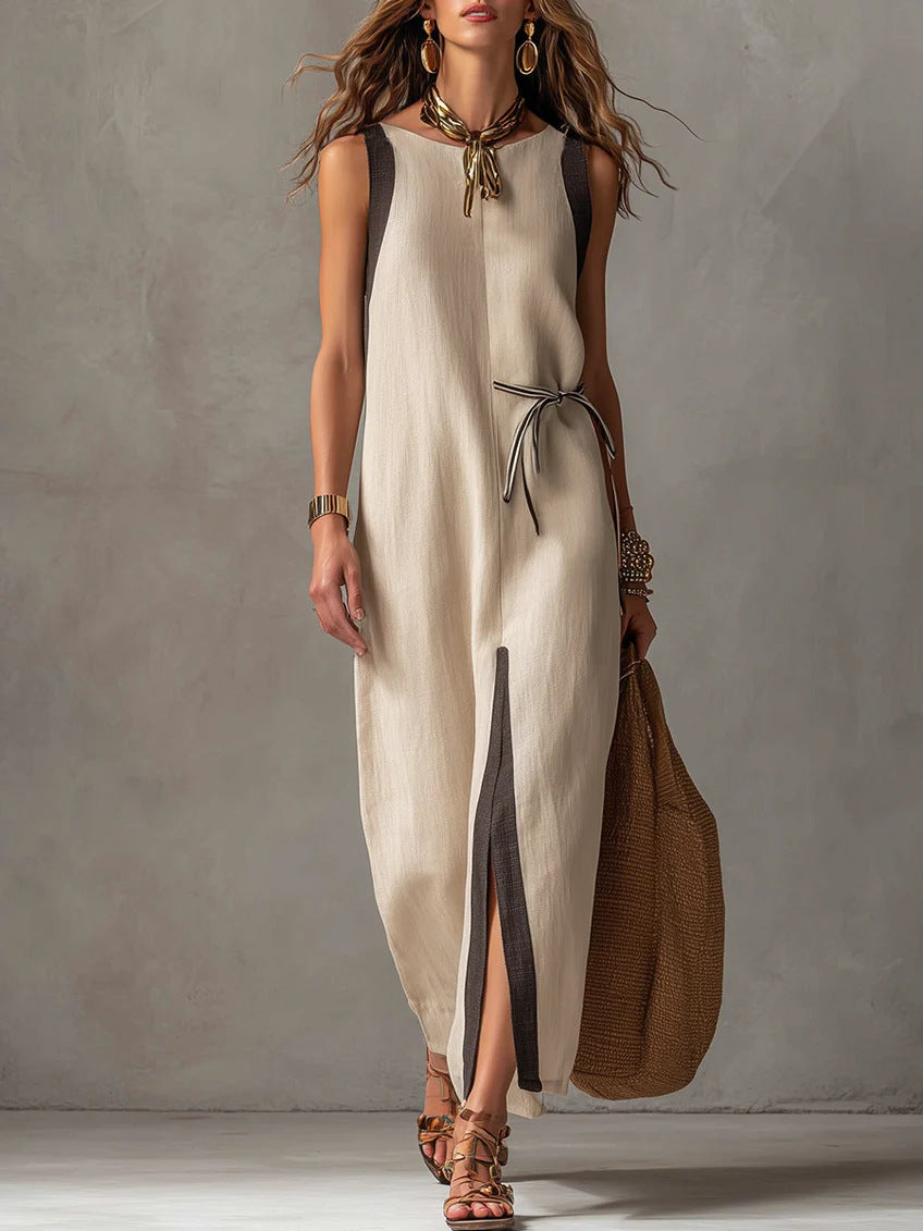 Bohemian Style Linen Contrast Color Sleeveless Lace-Up Long Dress
