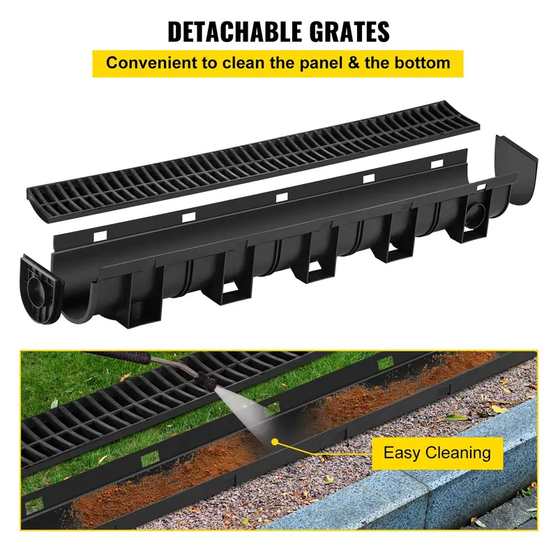 Trench Drain System 6-Pack with Plastic Grates and End Caps, HDPE 5.9x5.1 Inch Garage Floor Drain