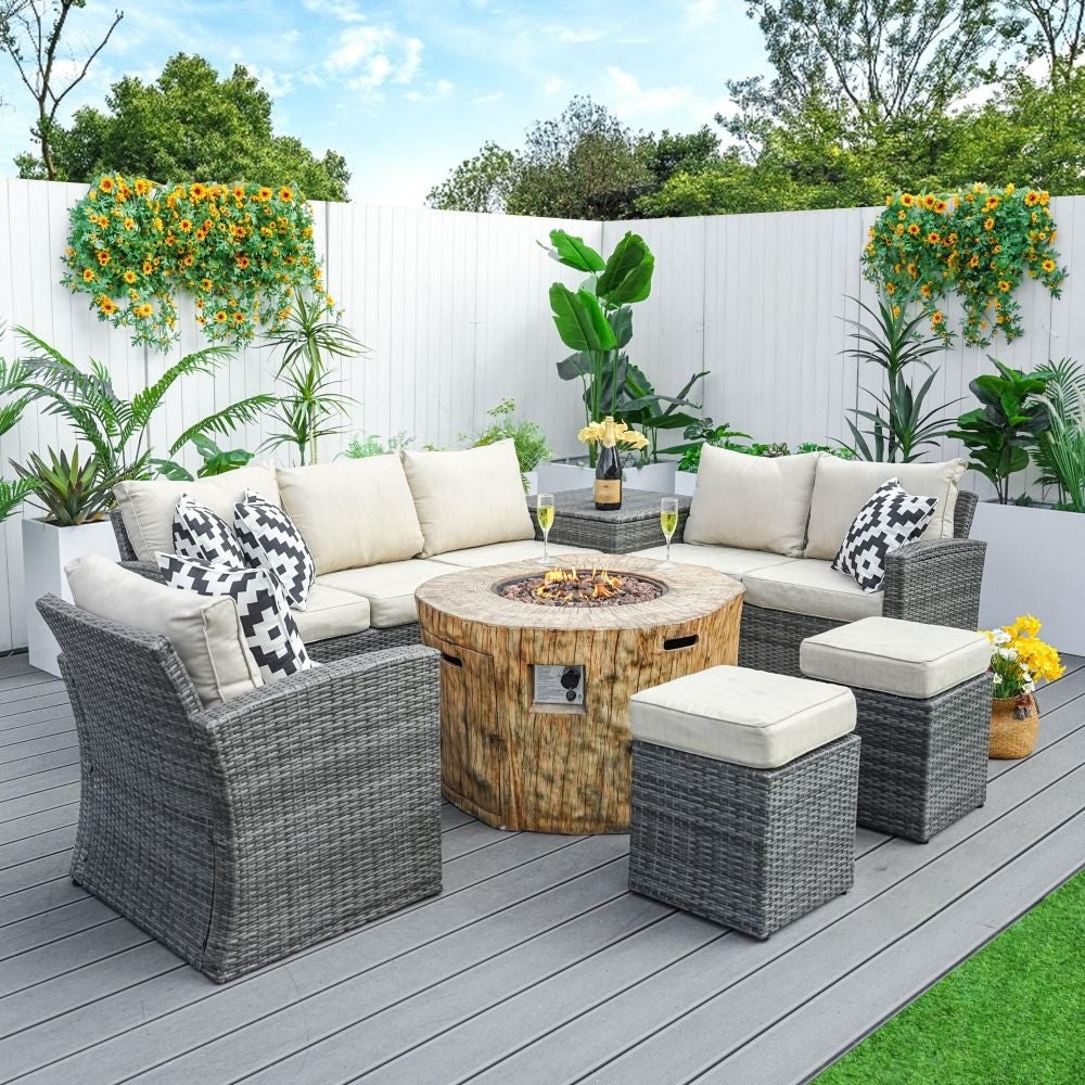 7-piece Patio Wicker Garden Chat Sofa Set with Fire Pit Table and Storage Box
