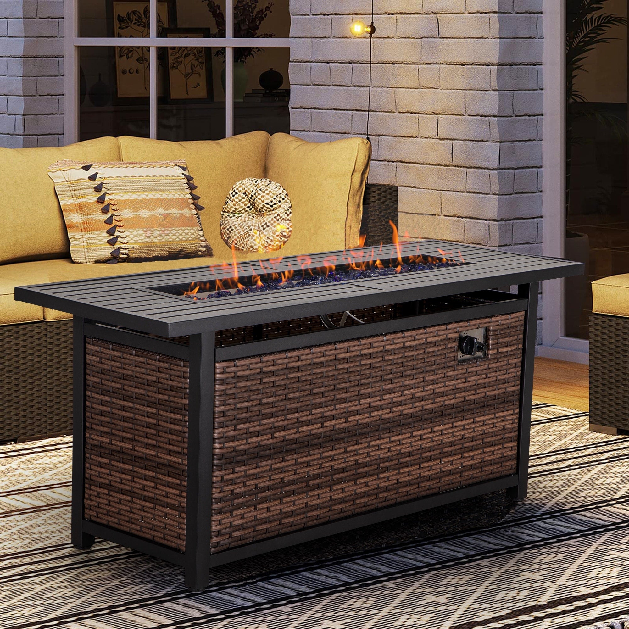 8-Piece Patio Outdoor Wicker Sectional Sofa Set, Large Seating Furniture Conversation Sets with Fire Pit Table