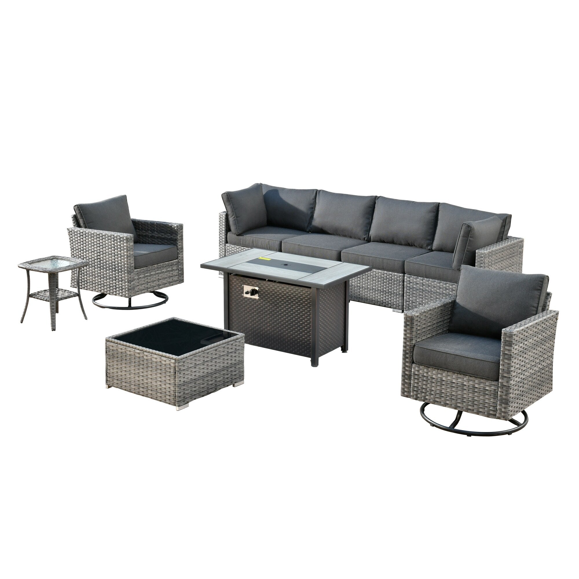 XIZZI 9 Pieces Patio Wicker Furniture Swivel Rocker with Firepit Table
