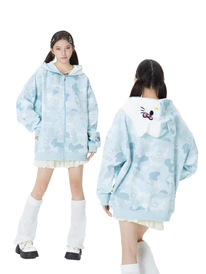 Hellokitty Camouflage Drawstring Zip Up Oversized Hoodies Jacket