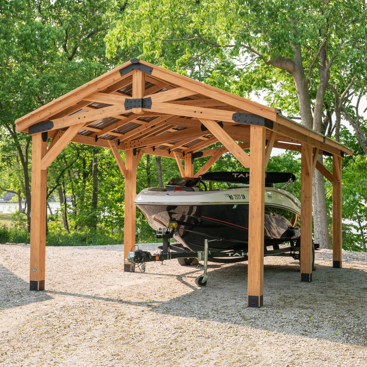 Norwood 20' x 12' Cedar Wood Outdoor Patio Gazebo with Hardtop Galvanized Steel Peak Roof and PowerPort