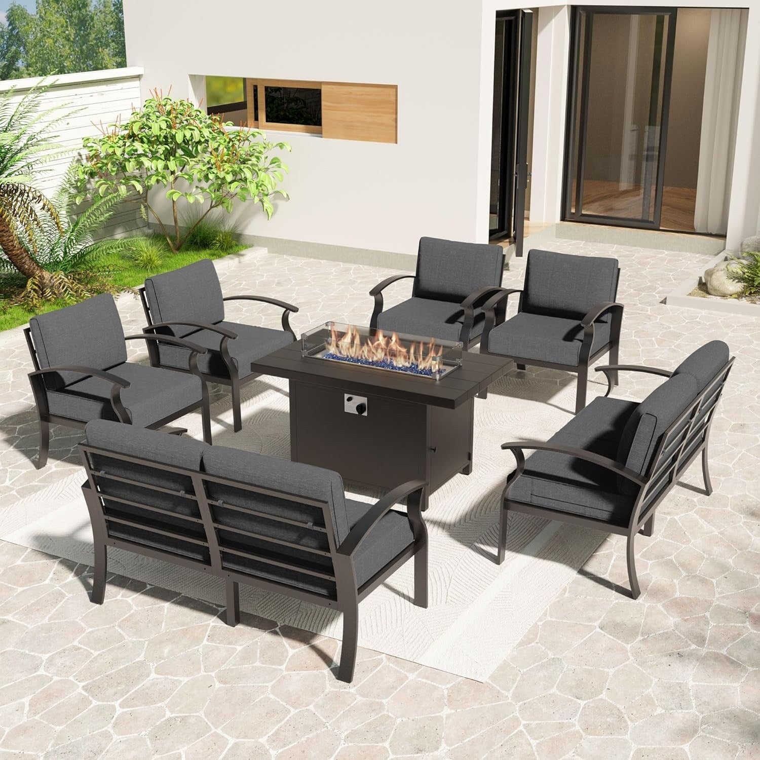 Kullavik Aluminum Outdoor Patio Furniture with Curved Armrests & Firepit Table