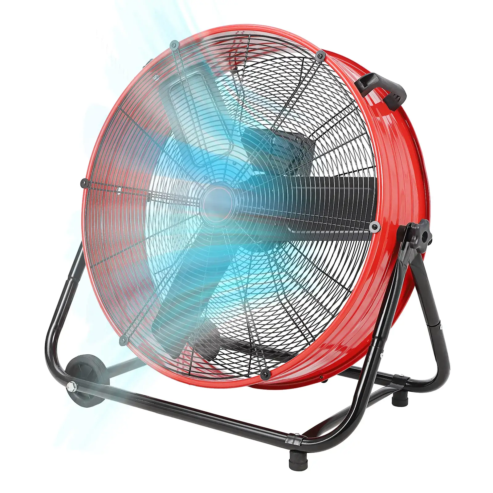 24 Inch High Speed Industrial Drum Floor Fan, heavy-duty full metal construction with 3 speeds and 360° tilt design. Built with portable handle and rolling casters for easy movement, powerful air circulation fan perfect for warehouse, garage