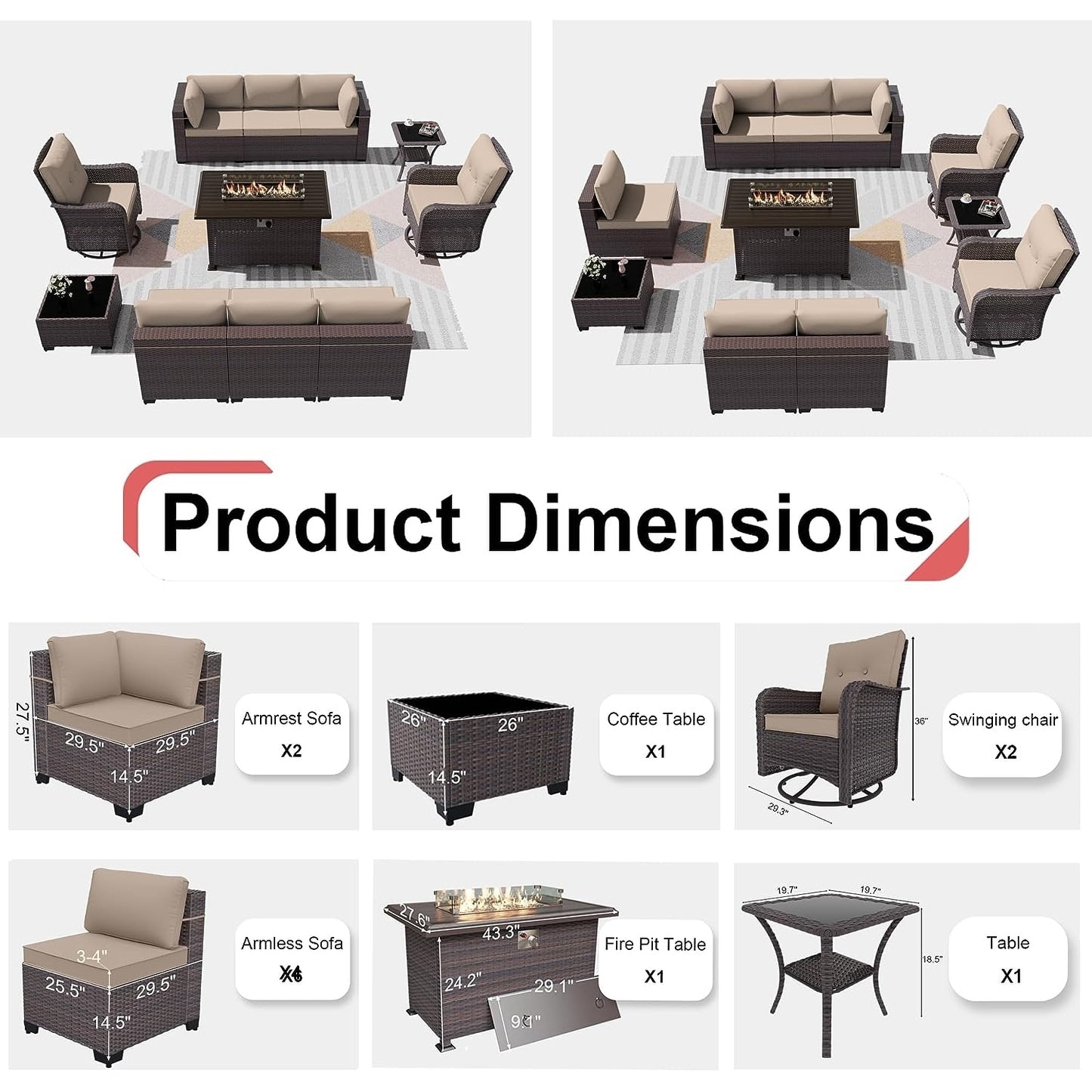 Patio Furniture Sectional Sofa Set, PE Rattan Swivel Rocking Chairs Patio Conversation Set
