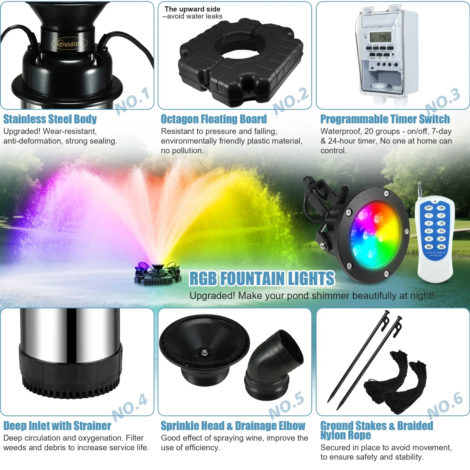 Pond Fountain Aerator, F3 With 4 RGB Lights, 1HP 750W 110V Stainless Steel Floating Fountain With 100FT Power Cord, Octagon Aerating Fountain Pump for Small Large Pond Lake Pool Bay Fish farm