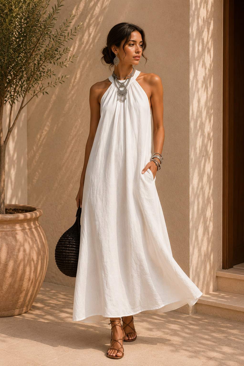 Gathered Halter Neck Linen Blend Maxi Dress